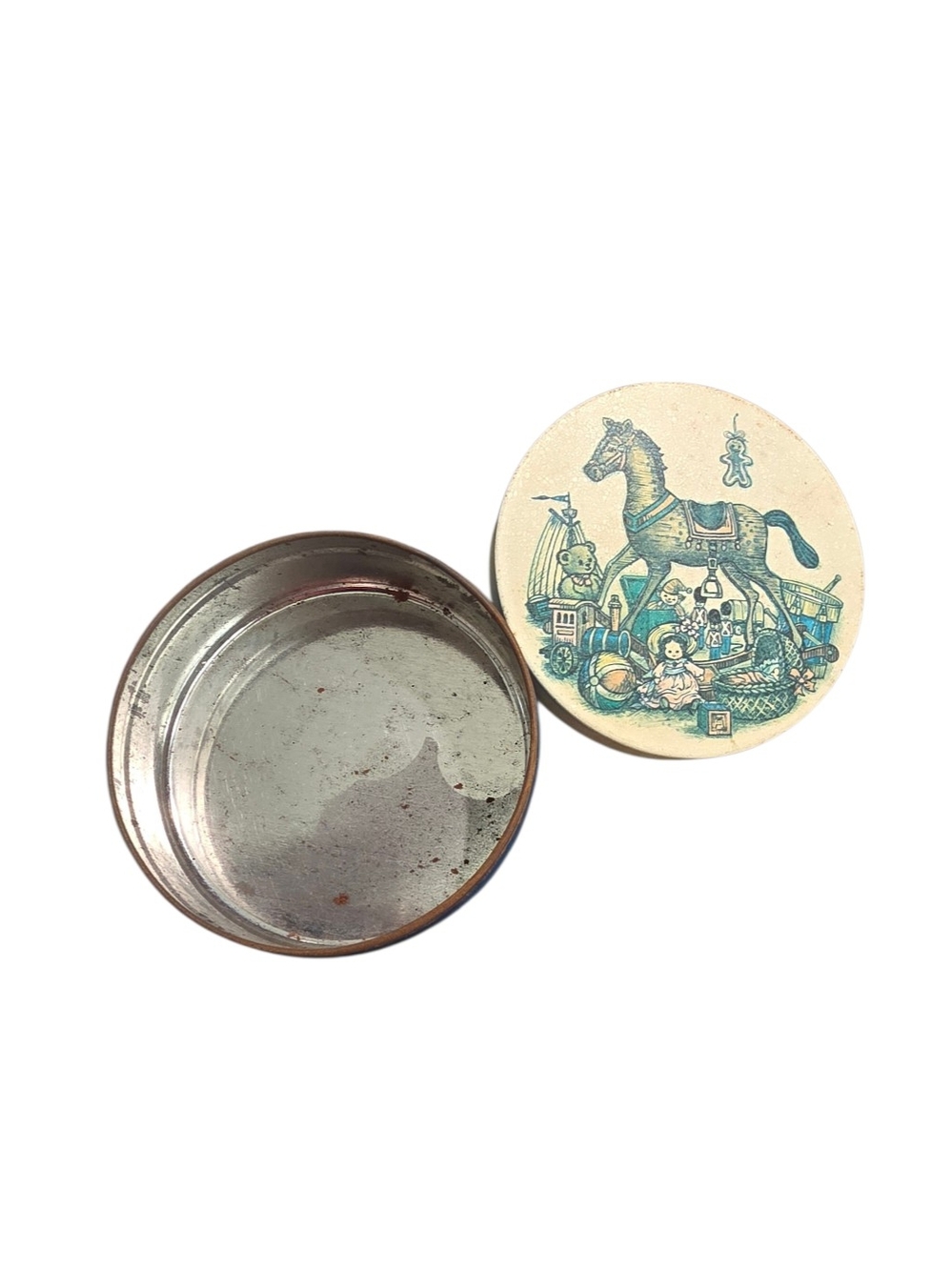 Cream and Teal Toy Horse Decorative Storage Tin